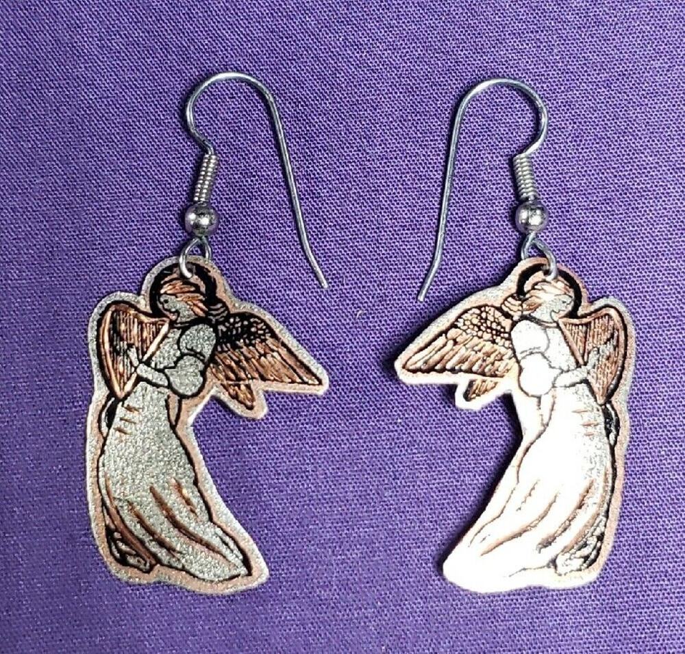 Copper And Silver Tone Angel Playing Harp Dangle Earrings, Lightweight Metal